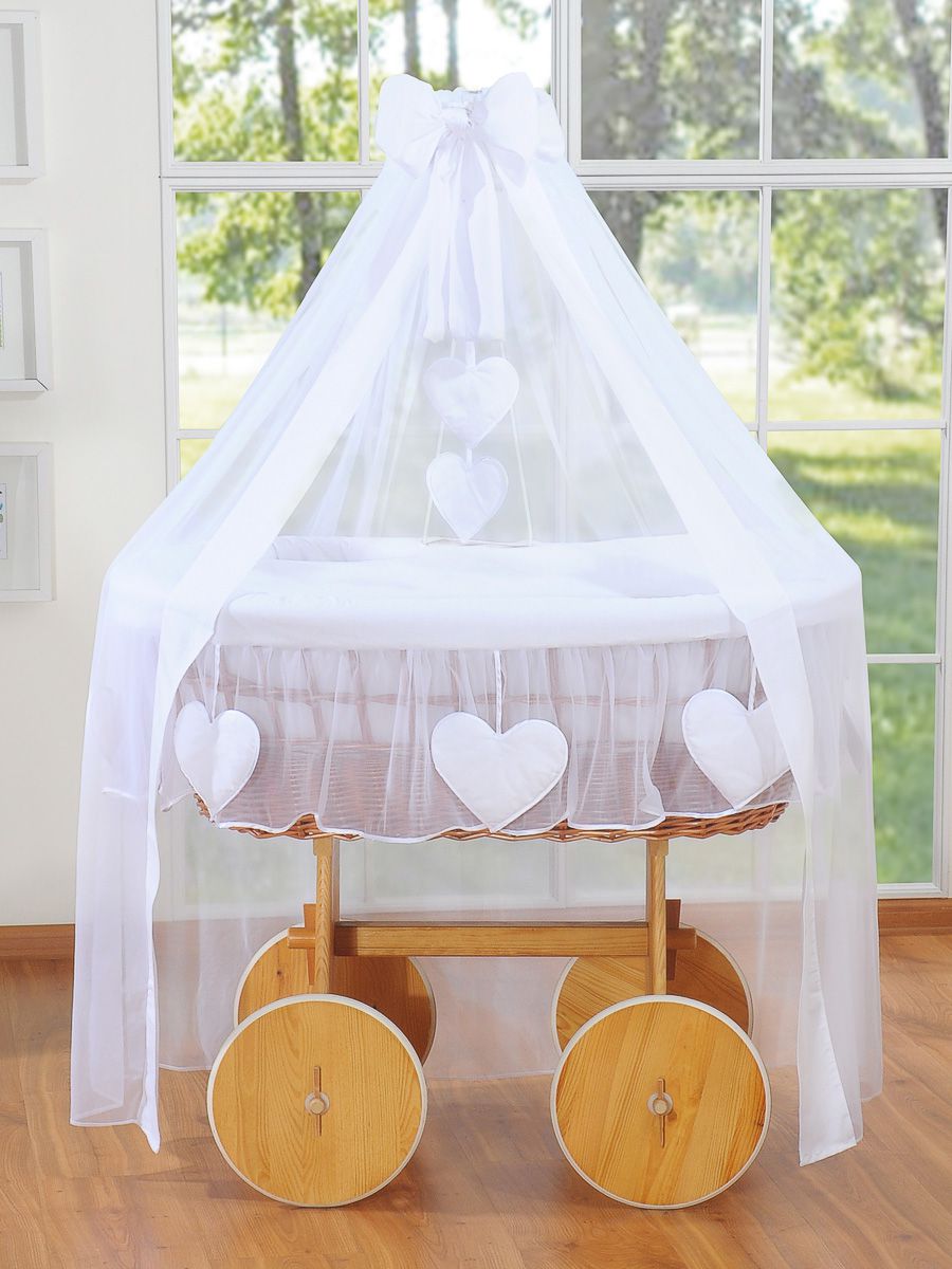 Moses Basket Wicker drape crib Deluxe Amelie - natural + white bedding