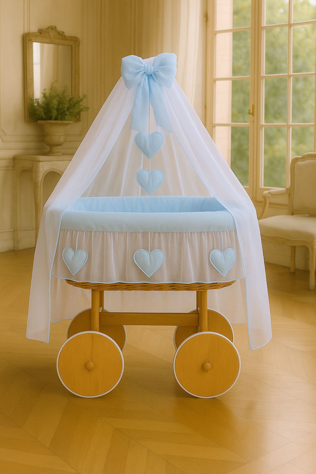 Moses Basket Wicker drape crib Deluxe Amelie - natural + blue bedding