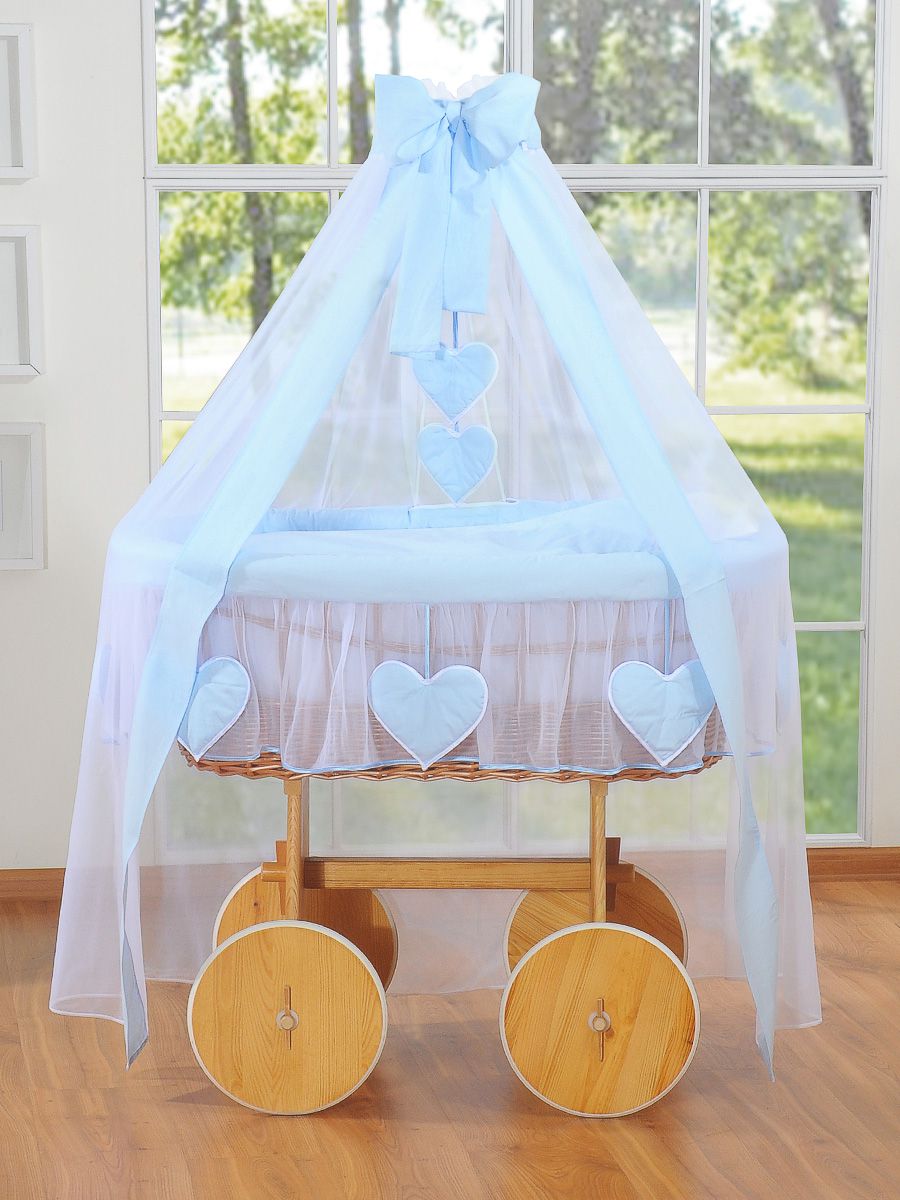Moses Basket Wicker drape crib Deluxe Amelie - natural + blue bedding