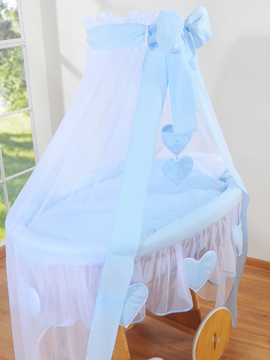 Moses Basket Wicker drape crib Deluxe Amelie - natural + blue bedding