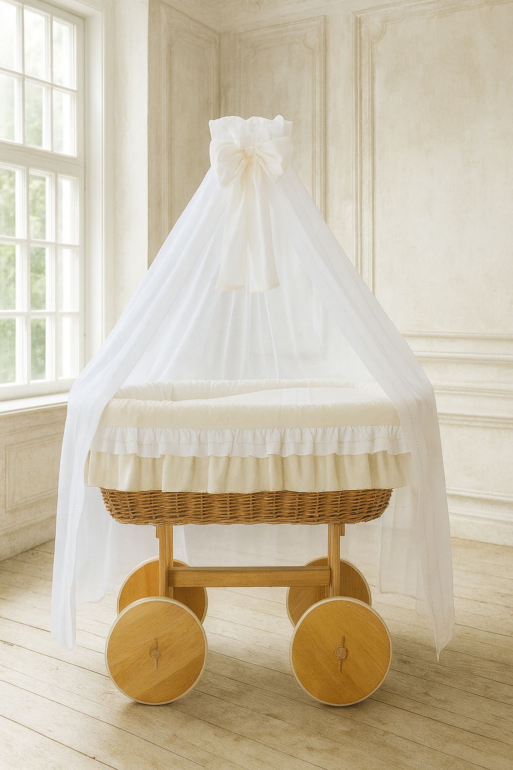 Moses Basket Wicker drape crib Deluxe Bellamy - natural + cream bedding