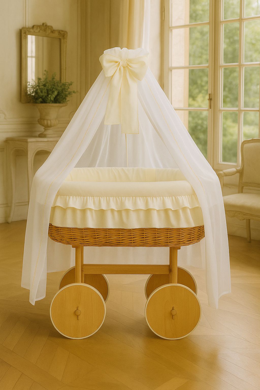 Moses Basket Wicker drape crib Deluxe Bellamy - natural + cream bedding