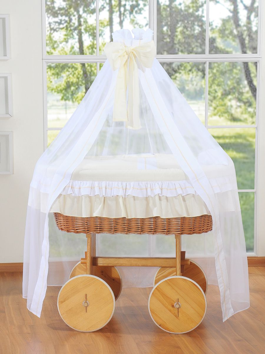 Moses Basket Wicker drape crib Deluxe Bellamy - natural + cream bedding