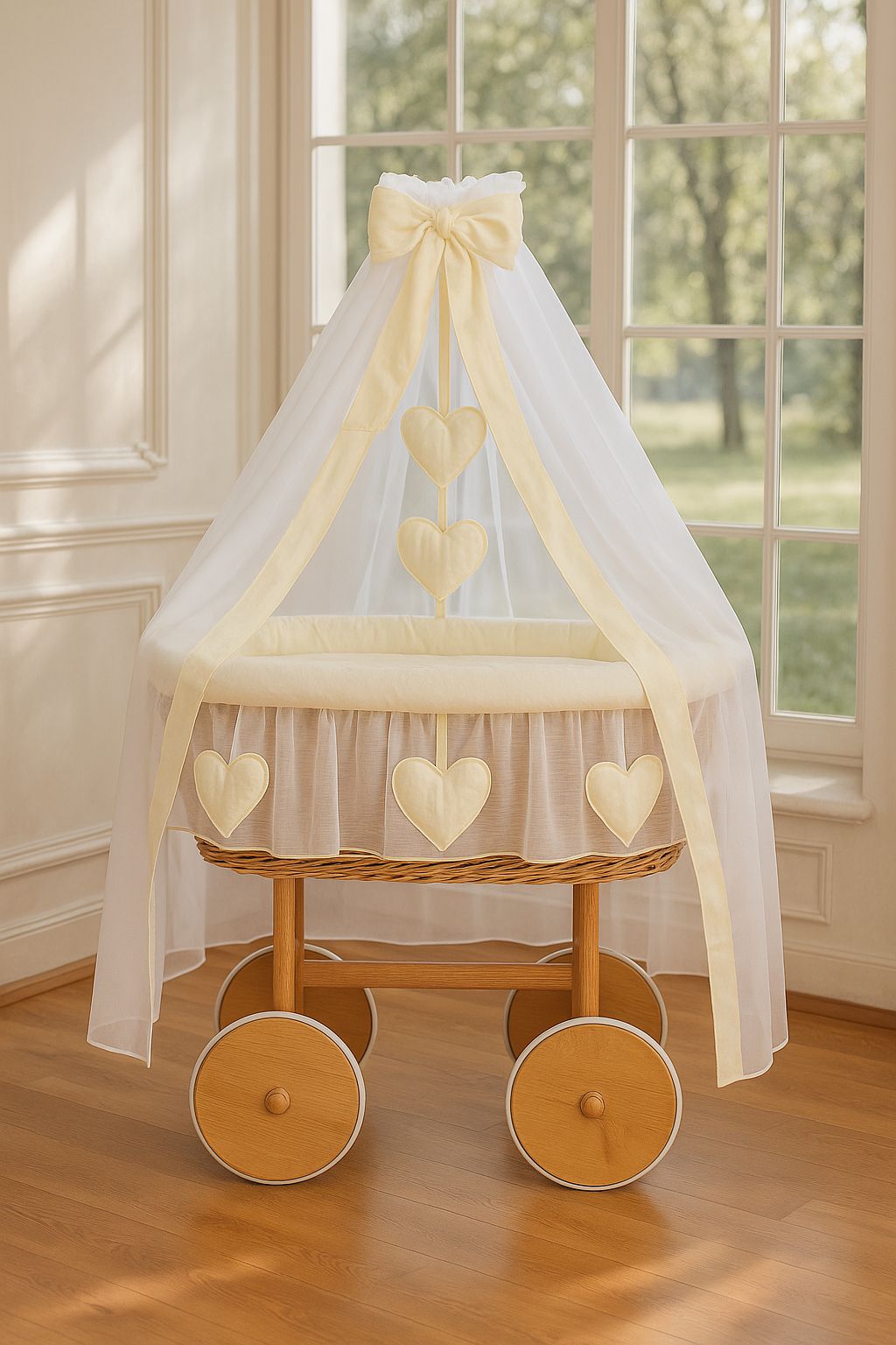 Moses Basket Wicker drape crib Deluxe Amelie - natural + cream bedding