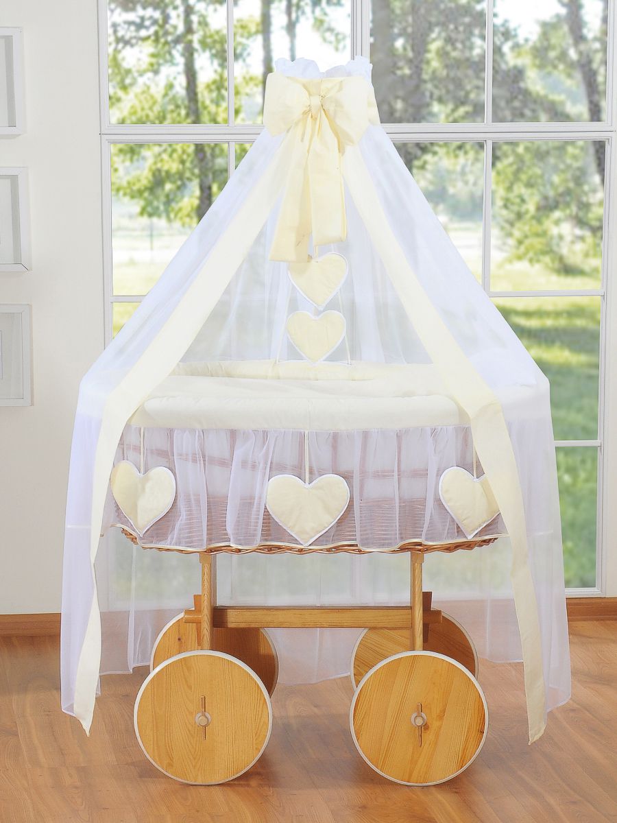 Moses Basket Wicker drape crib Deluxe Amelie - natural + cream bedding