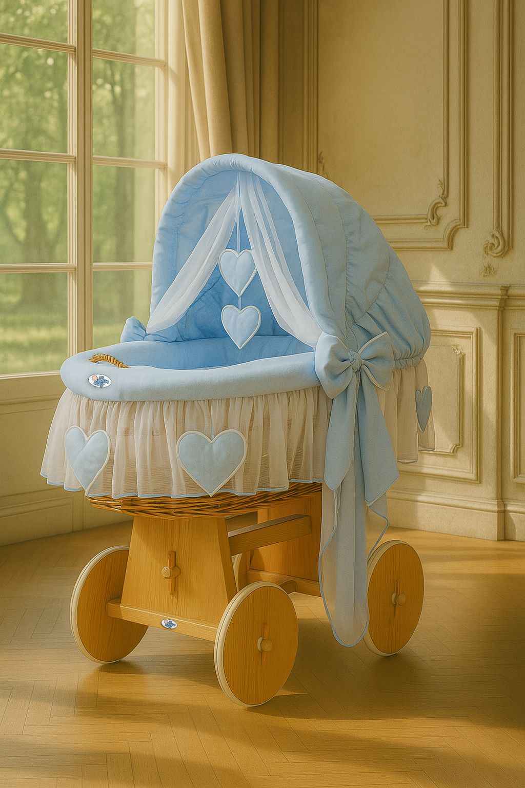 Moses Basket Wicker hood crib Amelie - natural + blue bedding