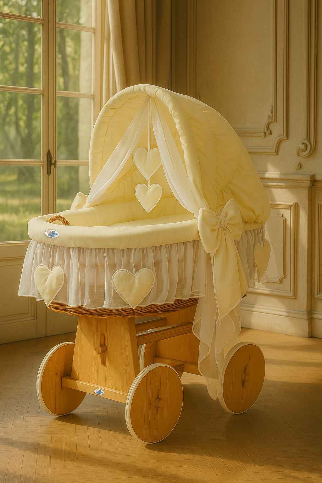 Moses Basket Wicker hood crib Amelie - natural + cream bedding