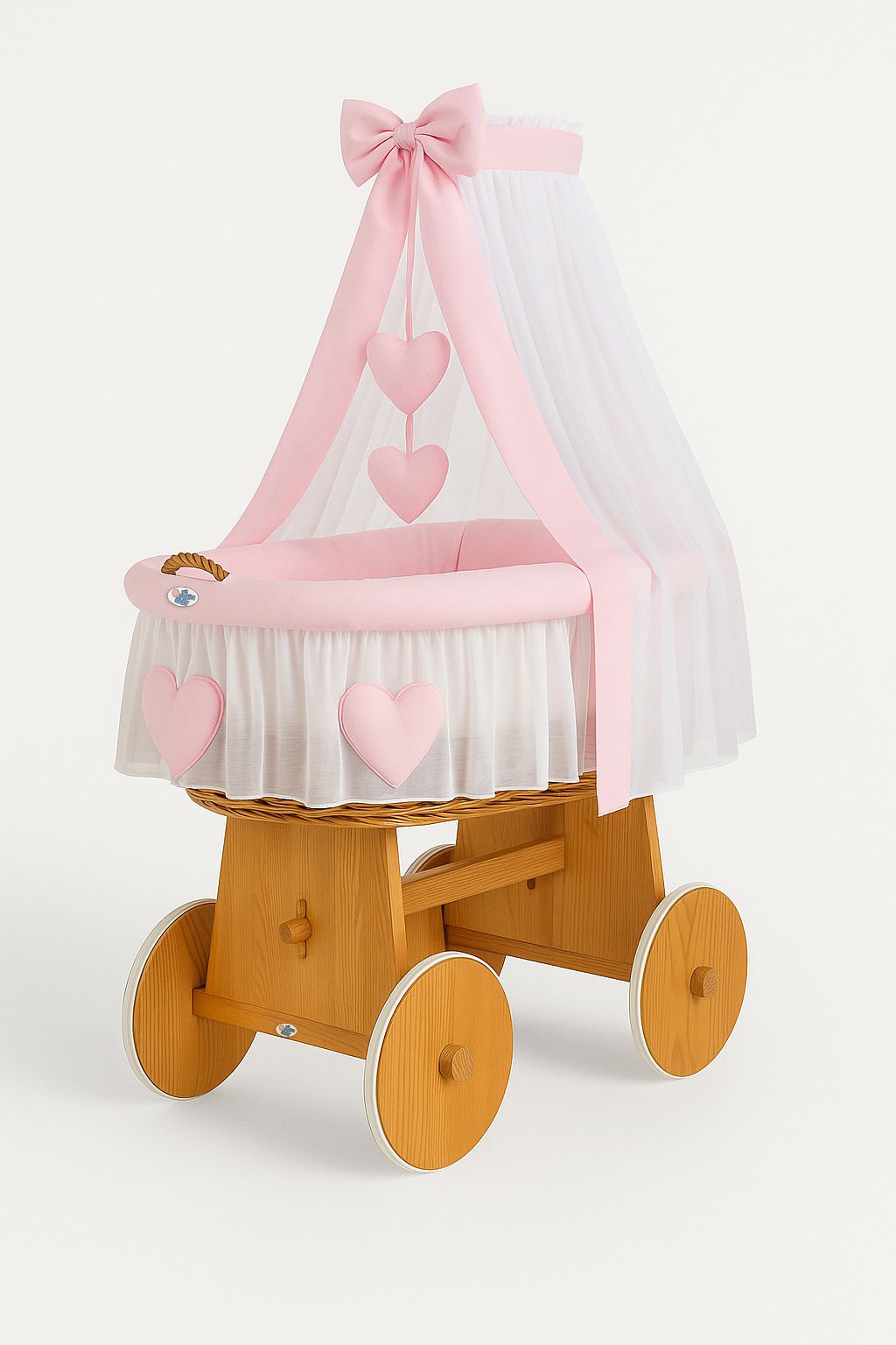 Moses Basket Wicker drape crib Amelie - natural + pink bedding