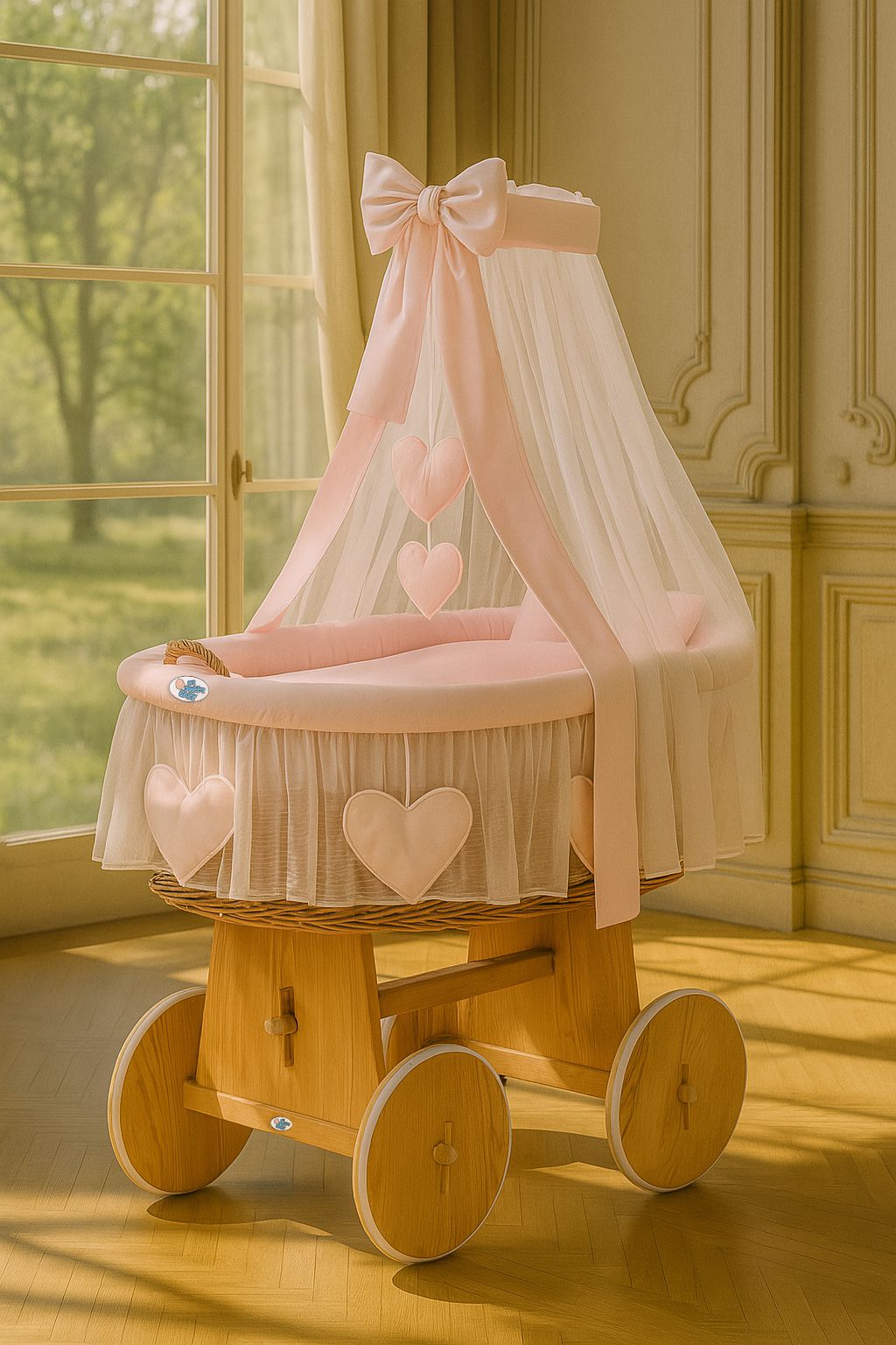 Moses Basket Wicker drape crib Amelie - natural + pink bedding