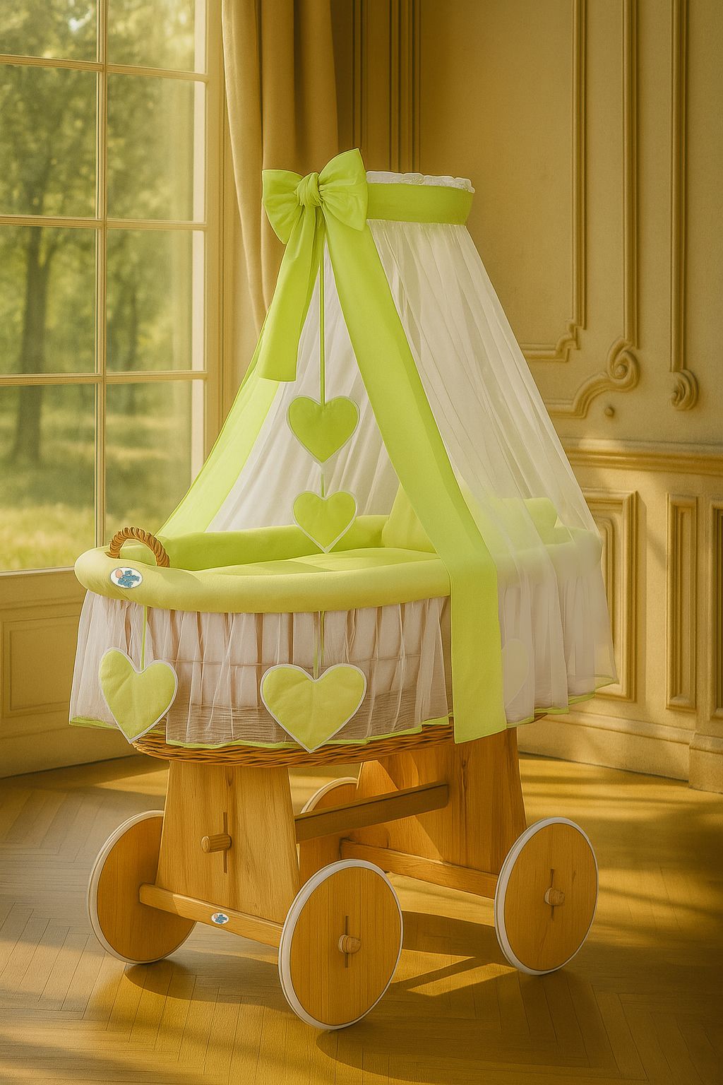 Moses Basket Wicker drape crib Amelie - natural + green bedding