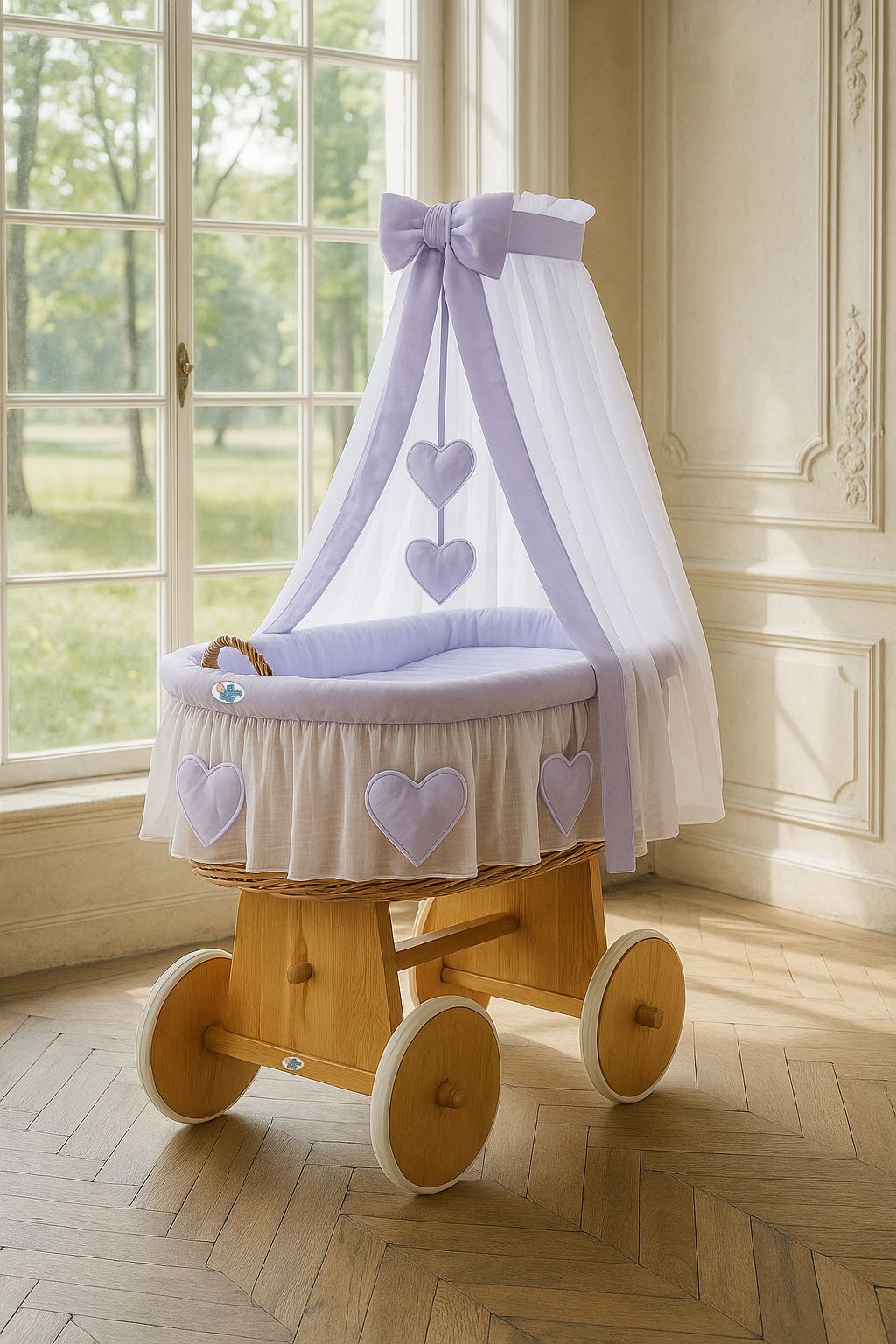 Moses Basket Wicker drape crib Amelie - natural + lilac bedding