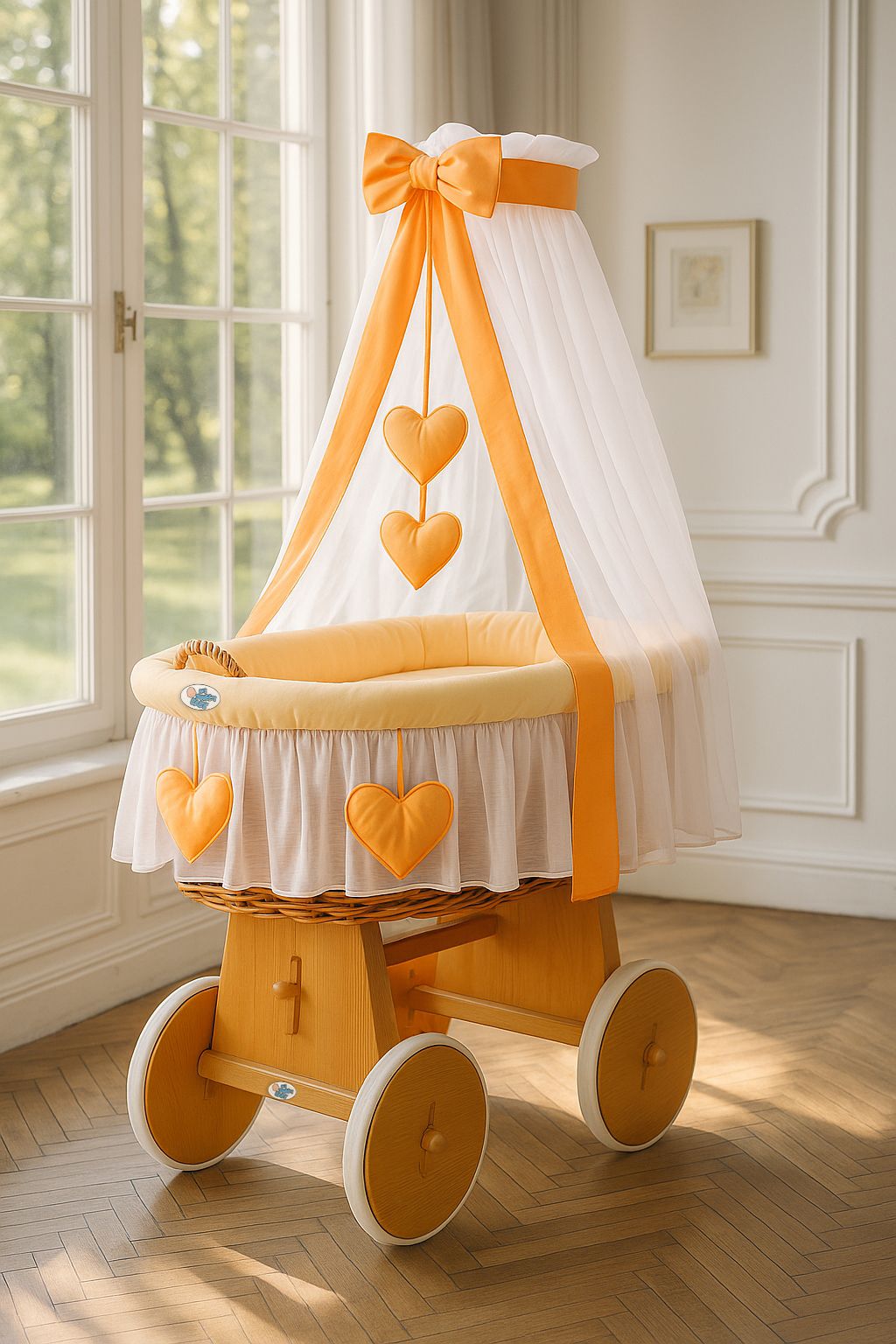 Moses Basket Wicker drape crib Amelie - natural + peach bedding