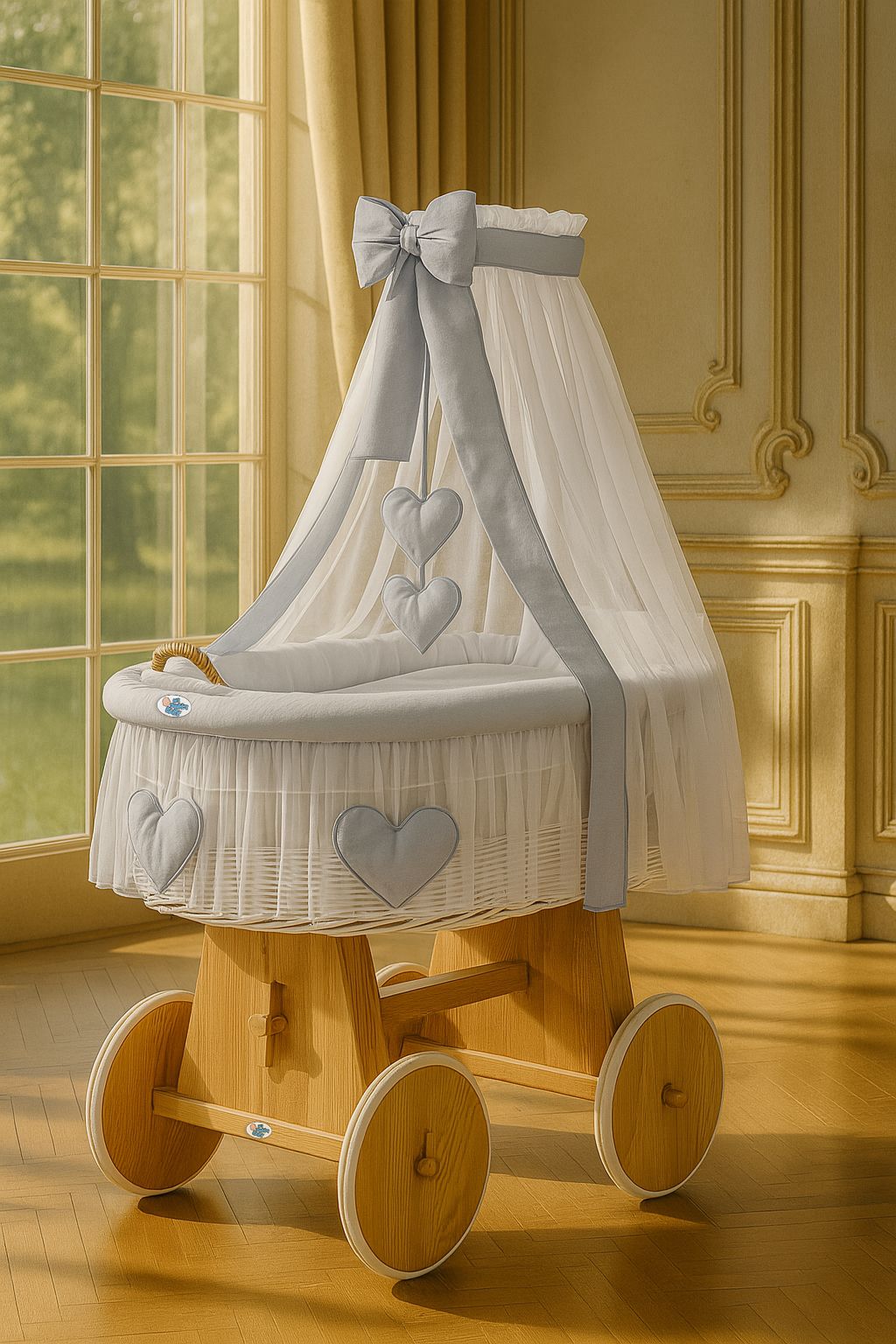 Moses Basket Wicker drape crib Amelie - natural + gray bedding