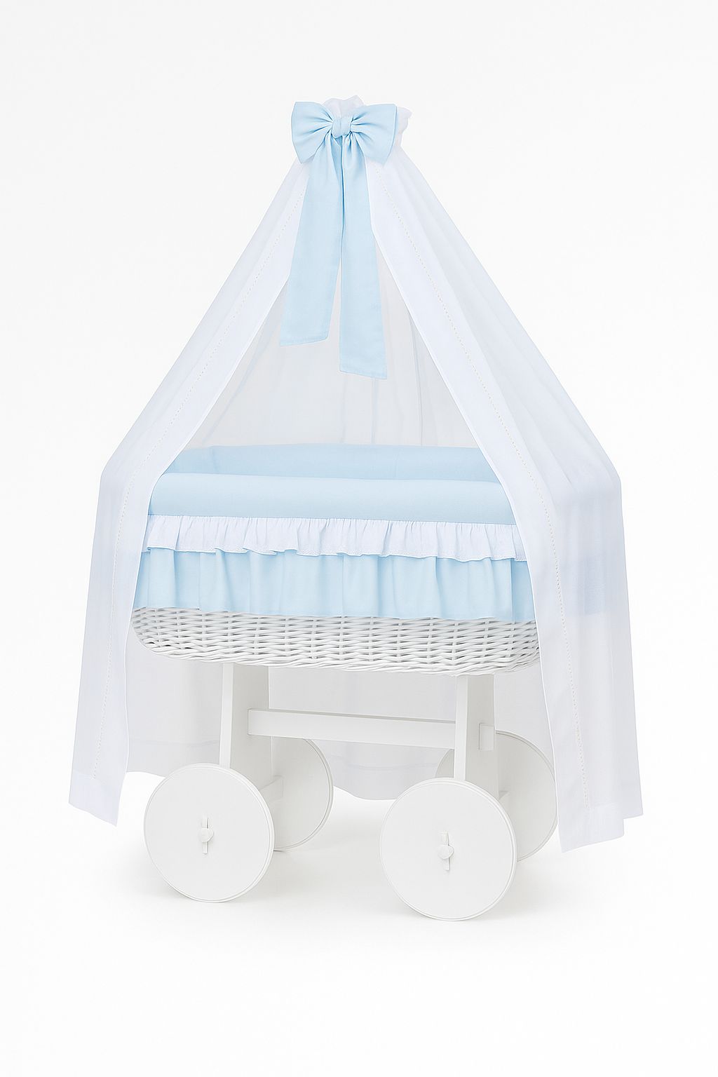 Moses Basket Wicker drape crib Deluxe Bellamy - white + blue bedding