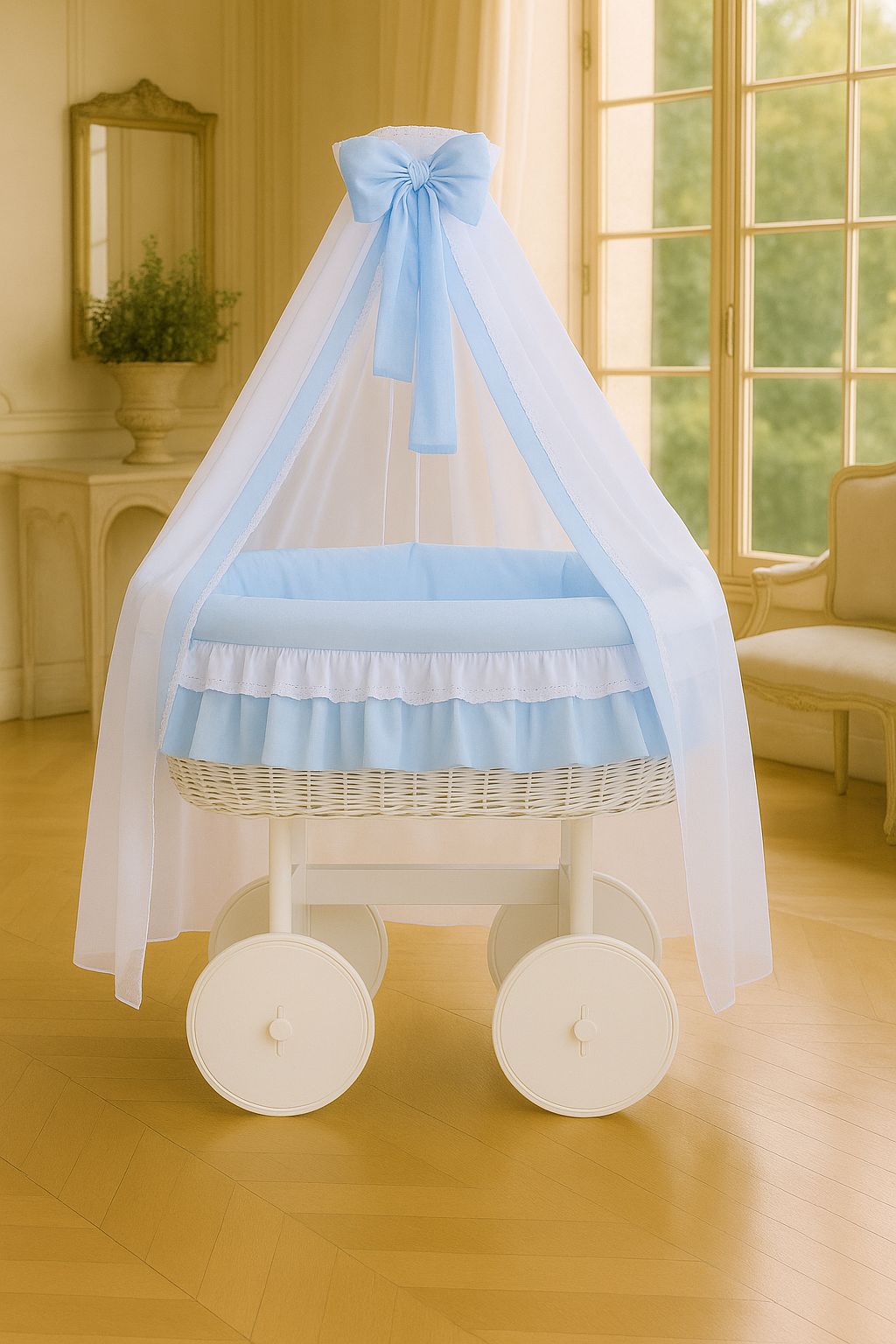 Moses Basket Wicker drape crib Deluxe Bellamy - white + blue bedding