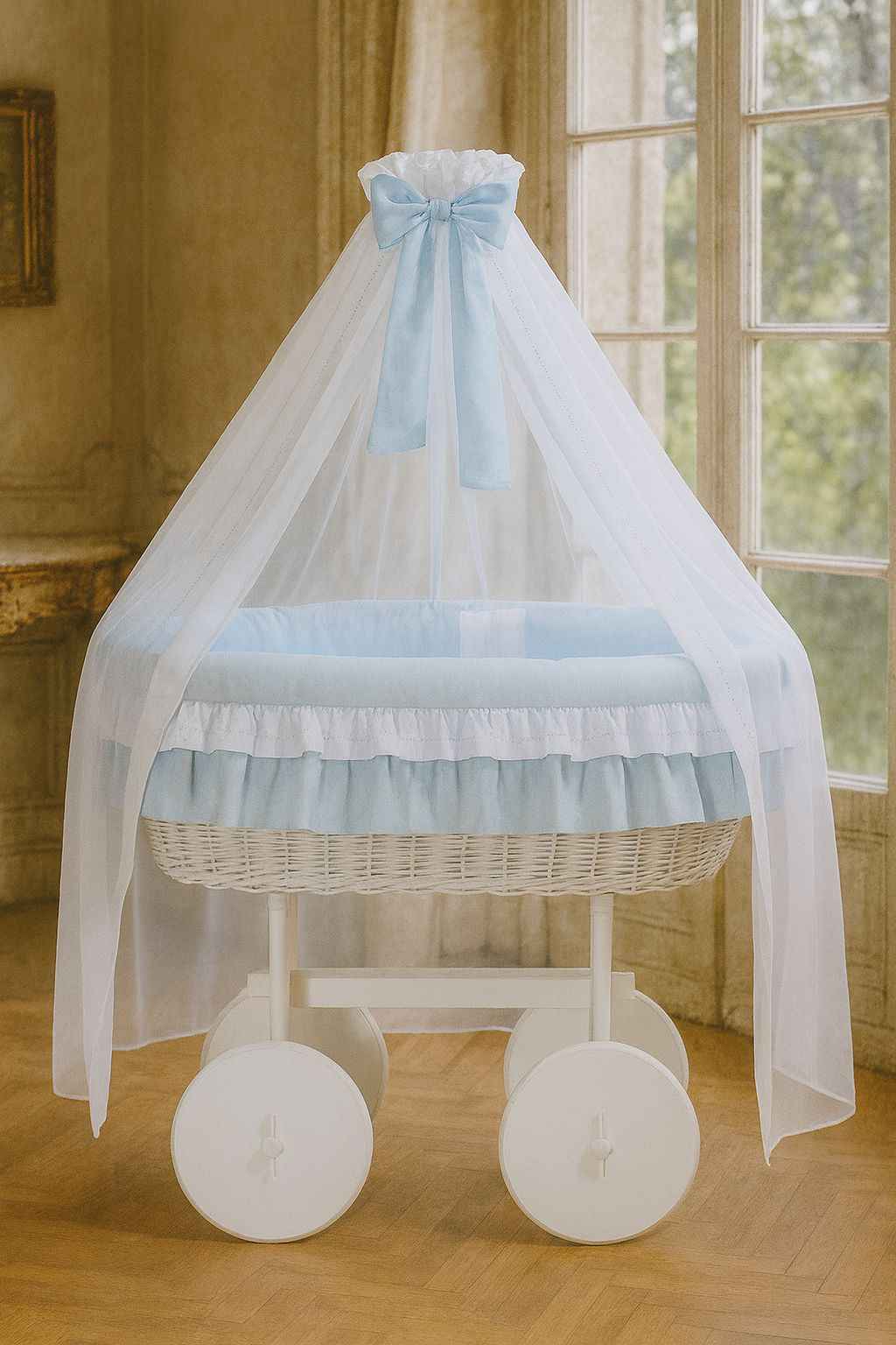 Moses Basket Wicker drape crib Deluxe Bellamy - white + blue bedding