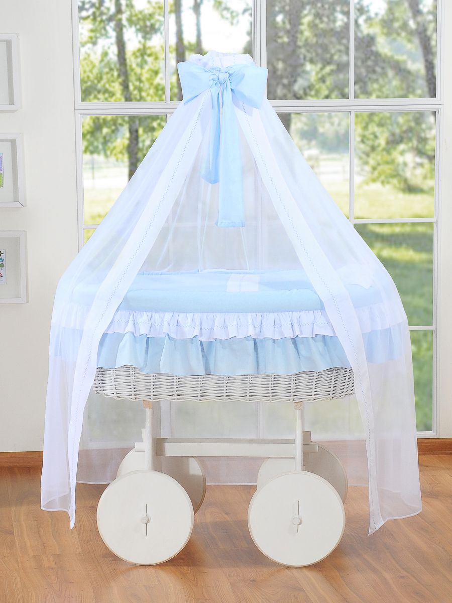 Moses Basket Wicker drape crib Deluxe Bellamy - white + blue bedding