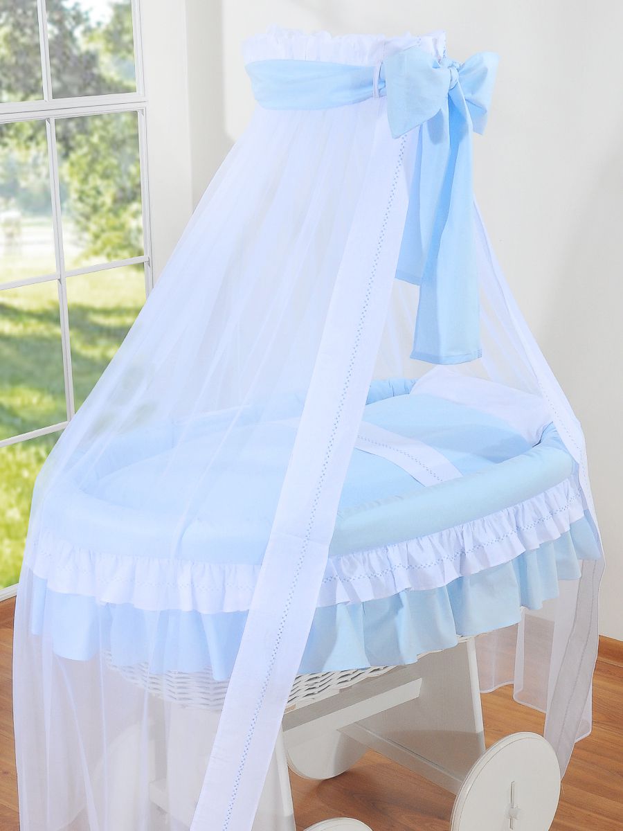 Moses Basket Wicker drape crib Deluxe Bellamy - white + blue bedding