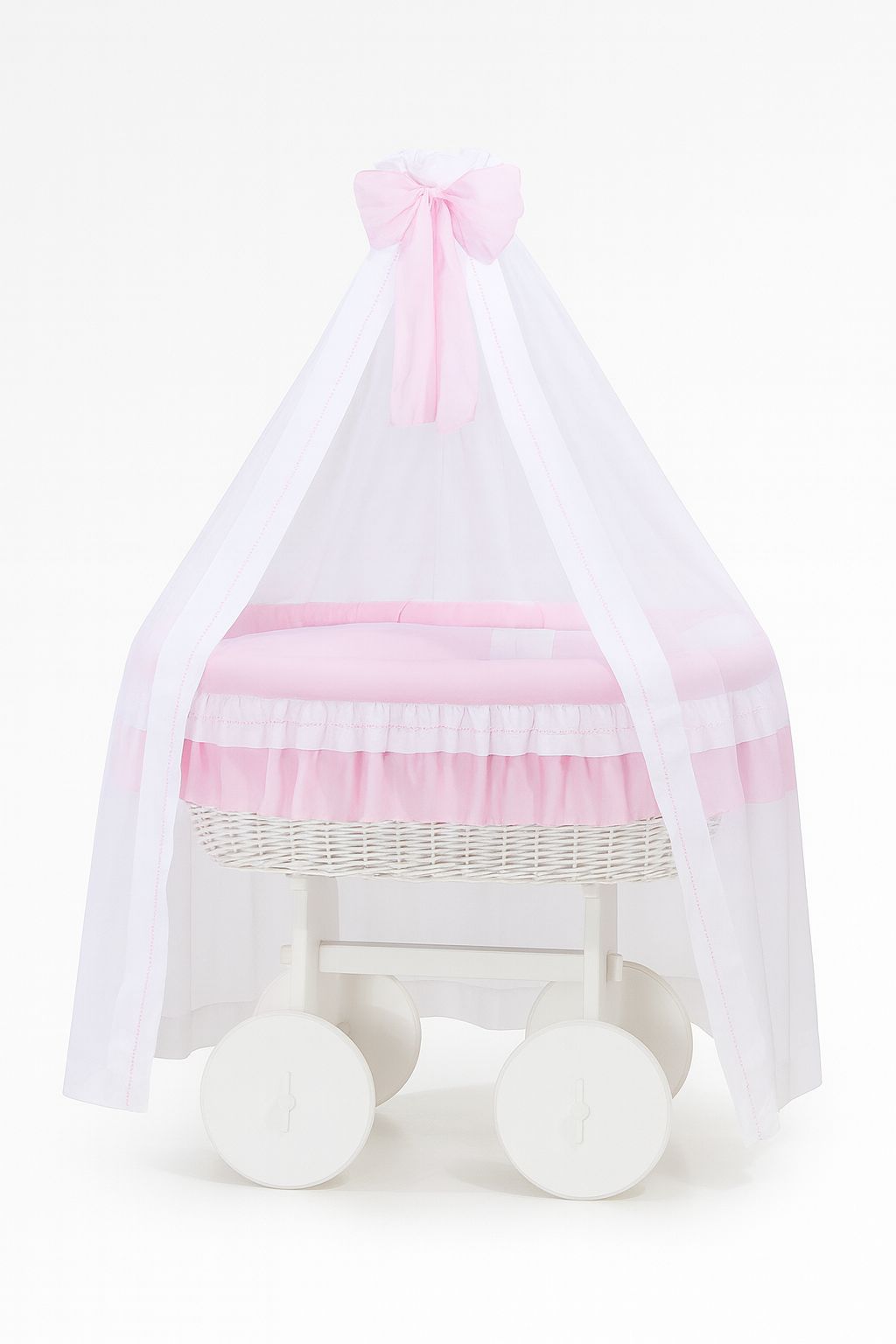 Moses Basket Wicker drape crib Deluxe Bellamy - white + pink bedding