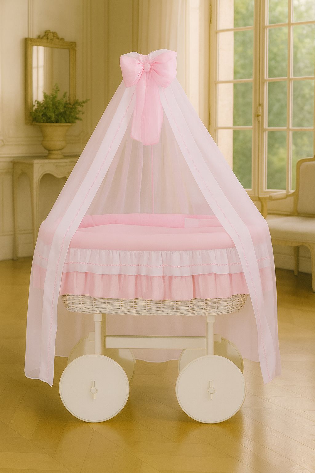 Moses Basket Wicker drape crib Deluxe Bellamy - white + pink bedding