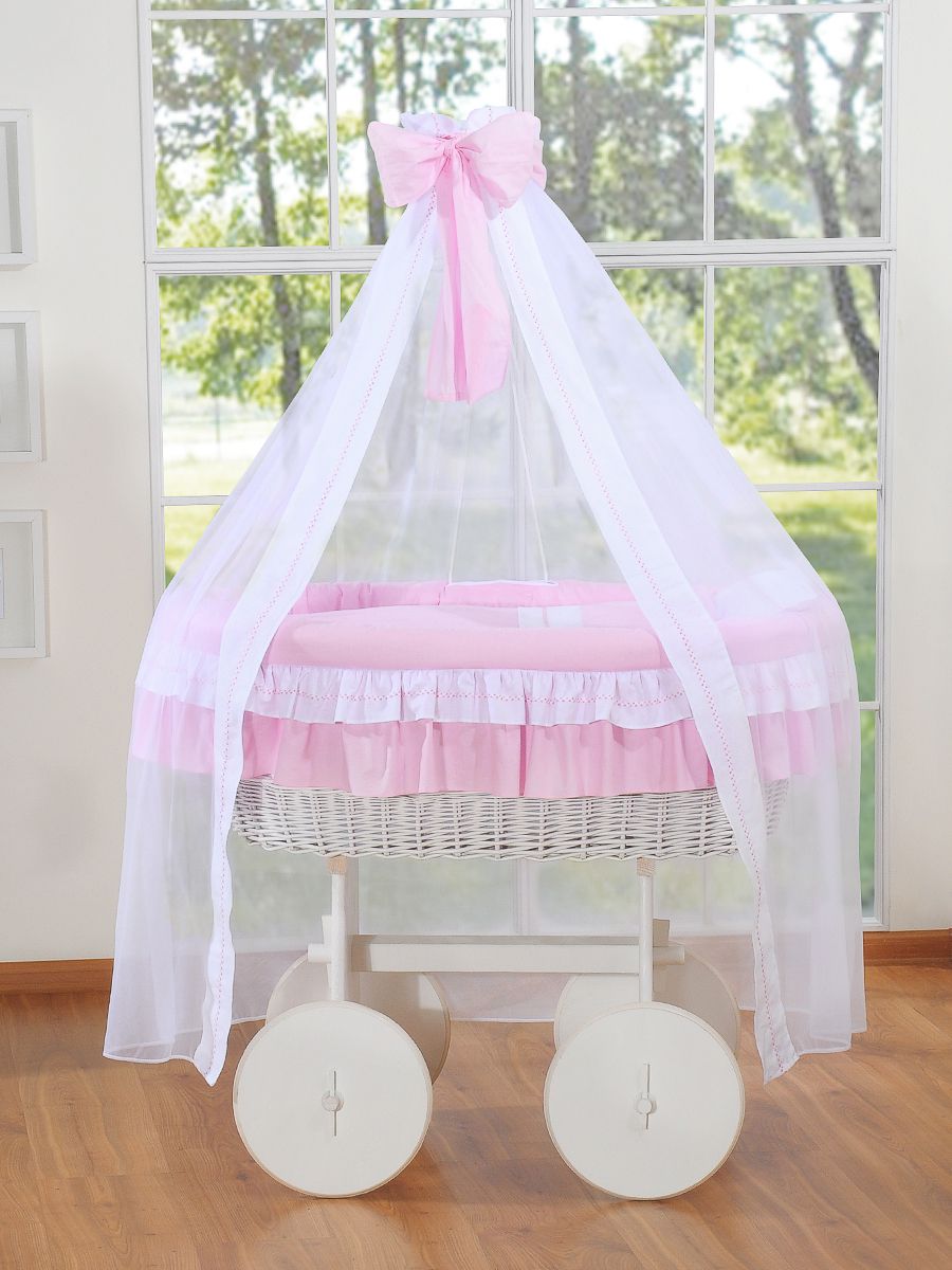 Moses Basket Wicker drape crib Deluxe Bellamy - white + pink bedding