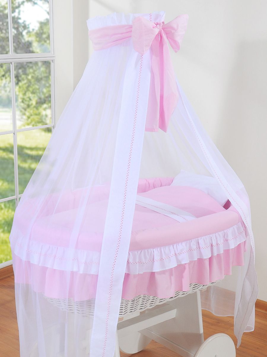 Moses Basket Wicker drape crib Deluxe Bellamy - white + pink bedding