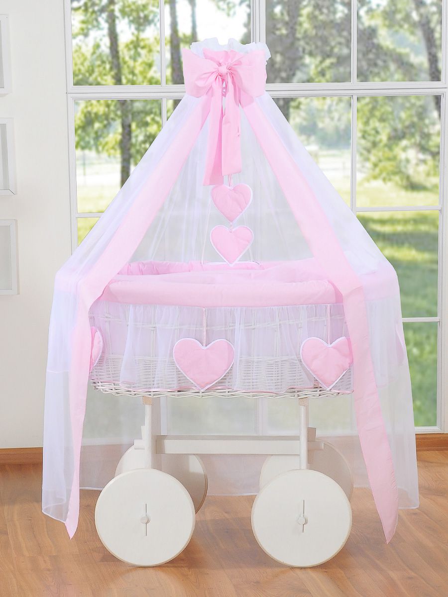 Moses Basket Wicker drape crib Deluxe Amelie - white + pink bedding
