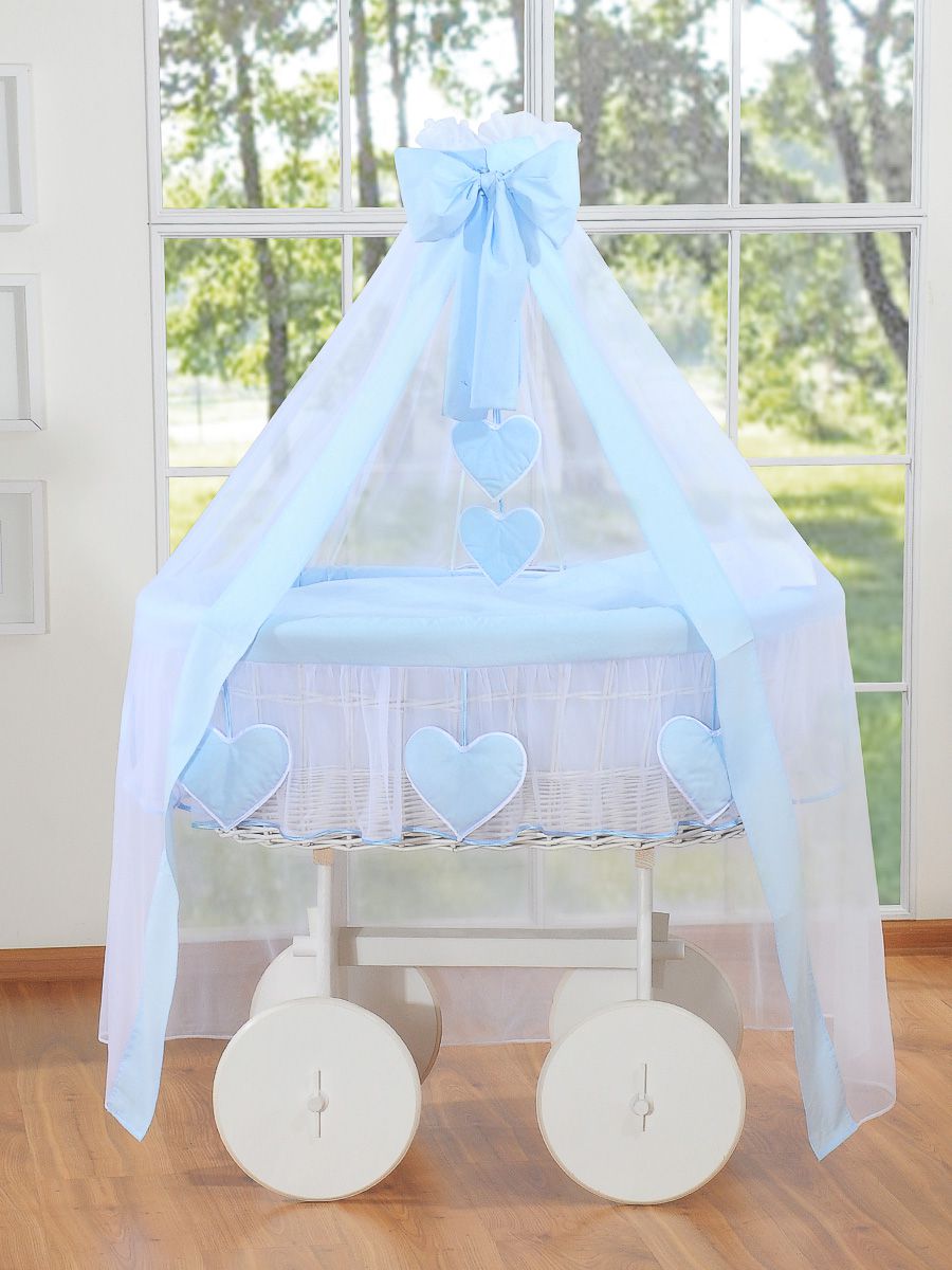 Moses Basket Wicker drape crib Deluxe Amelie - white + blue bedding