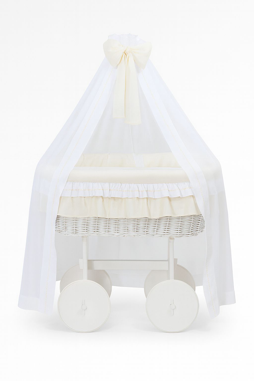 Moses Basket Wicker drape crib Deluxe Bellamy - white + cream bedding