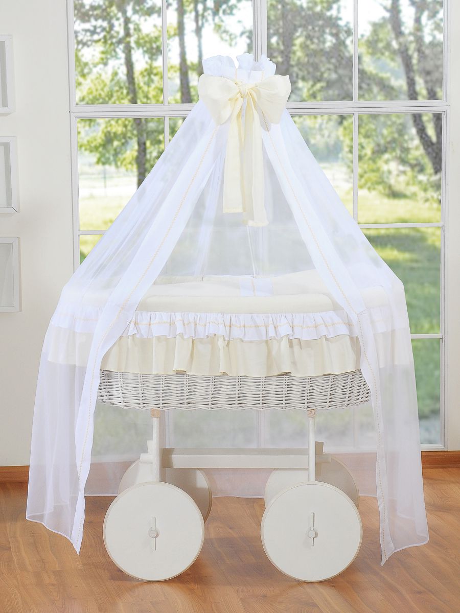 Moses Basket Wicker drape crib Deluxe Bellamy - white + cream bedding