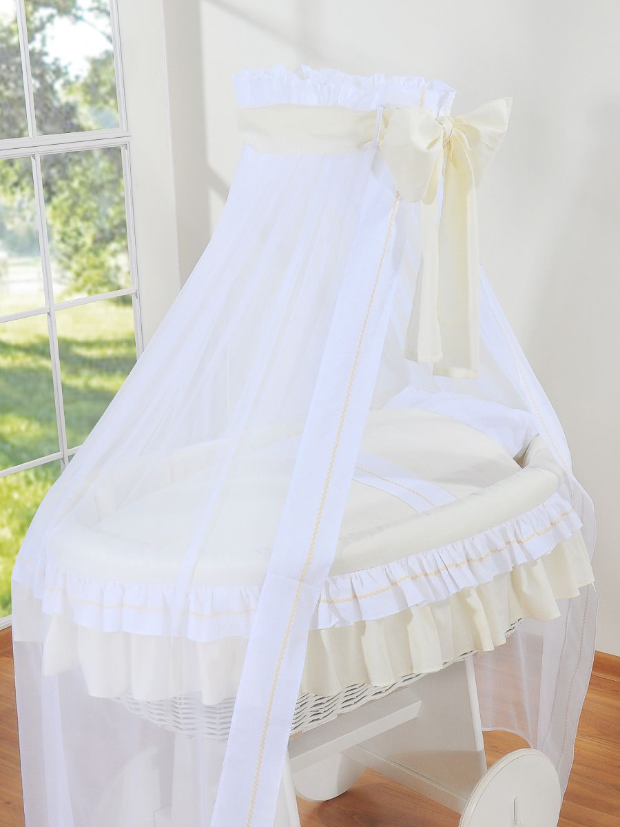 Moses Basket Wicker drape crib Deluxe Bellamy - white + cream bedding