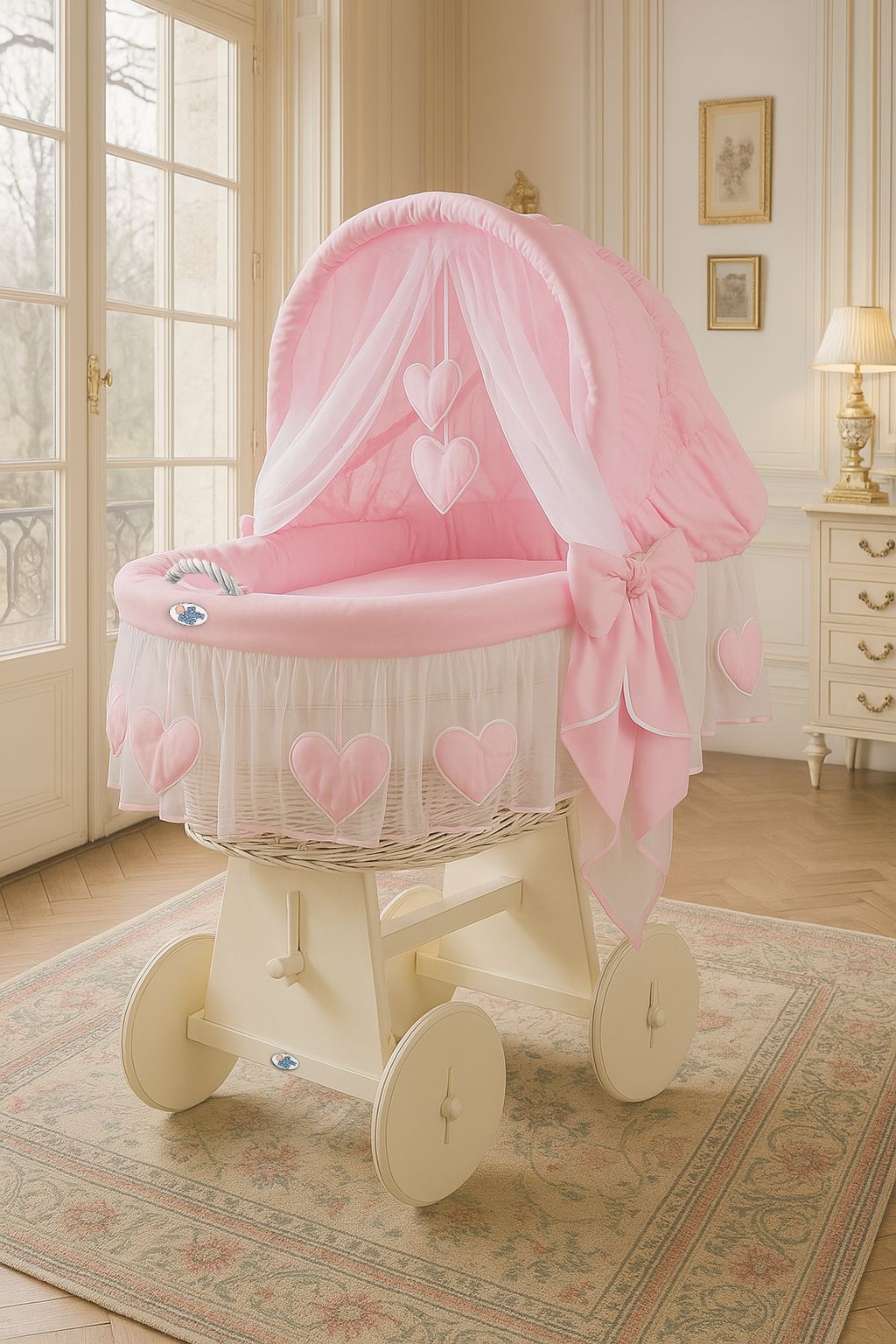 Moses Basket Wicker hood crib Amelie - white + pink bedding