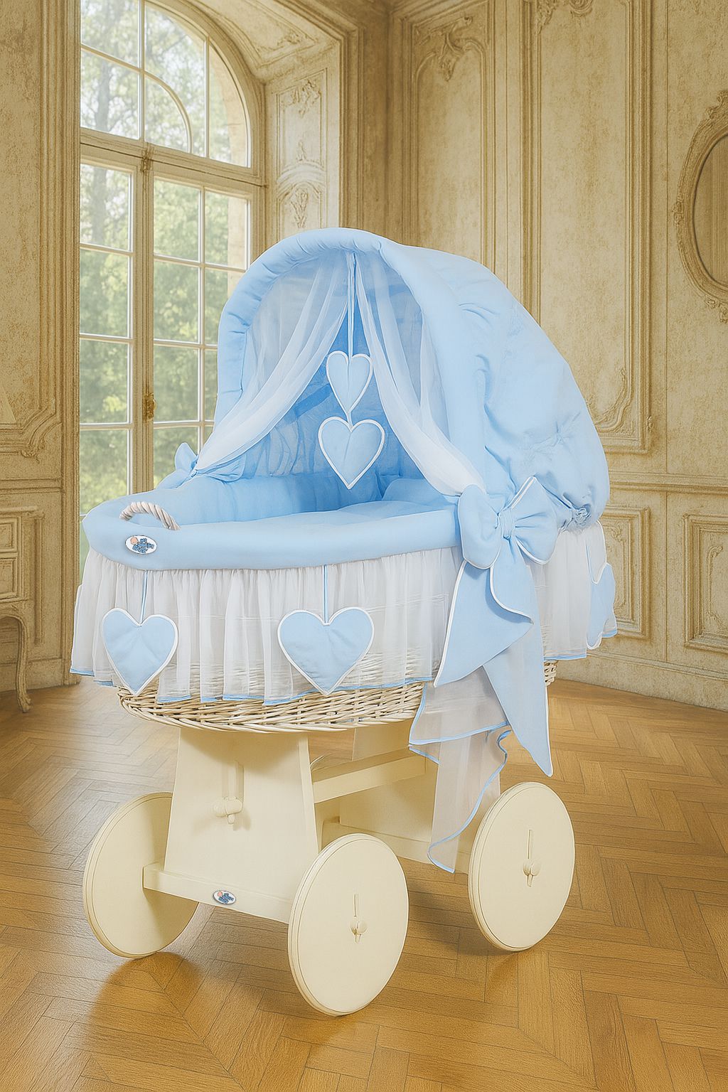 Moses Basket Wicker hood crib Amelie - white + blue bedding