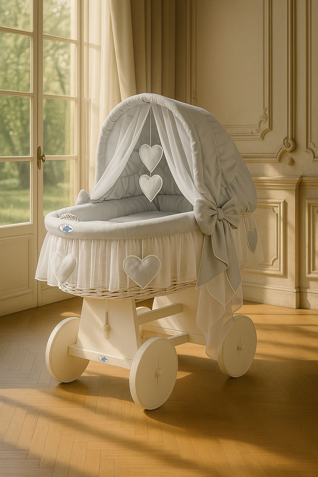 Moses Basket Wicker hood crib Amelie - white + gray bedding