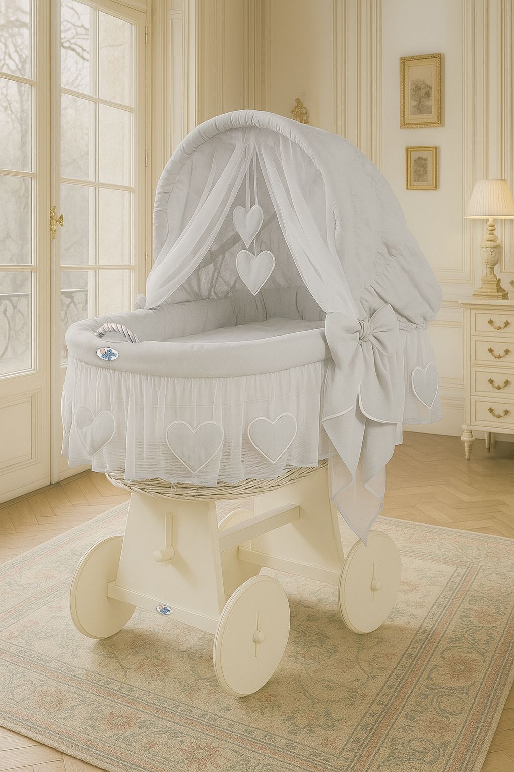 Moses Basket Wicker hood crib Amelie - white + gray bedding
