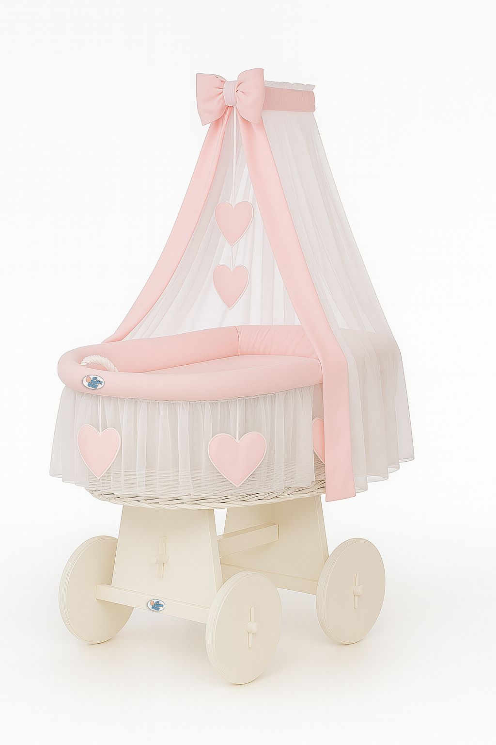 Moses Basket Wicker drape crib Amelie - white + pink bedding