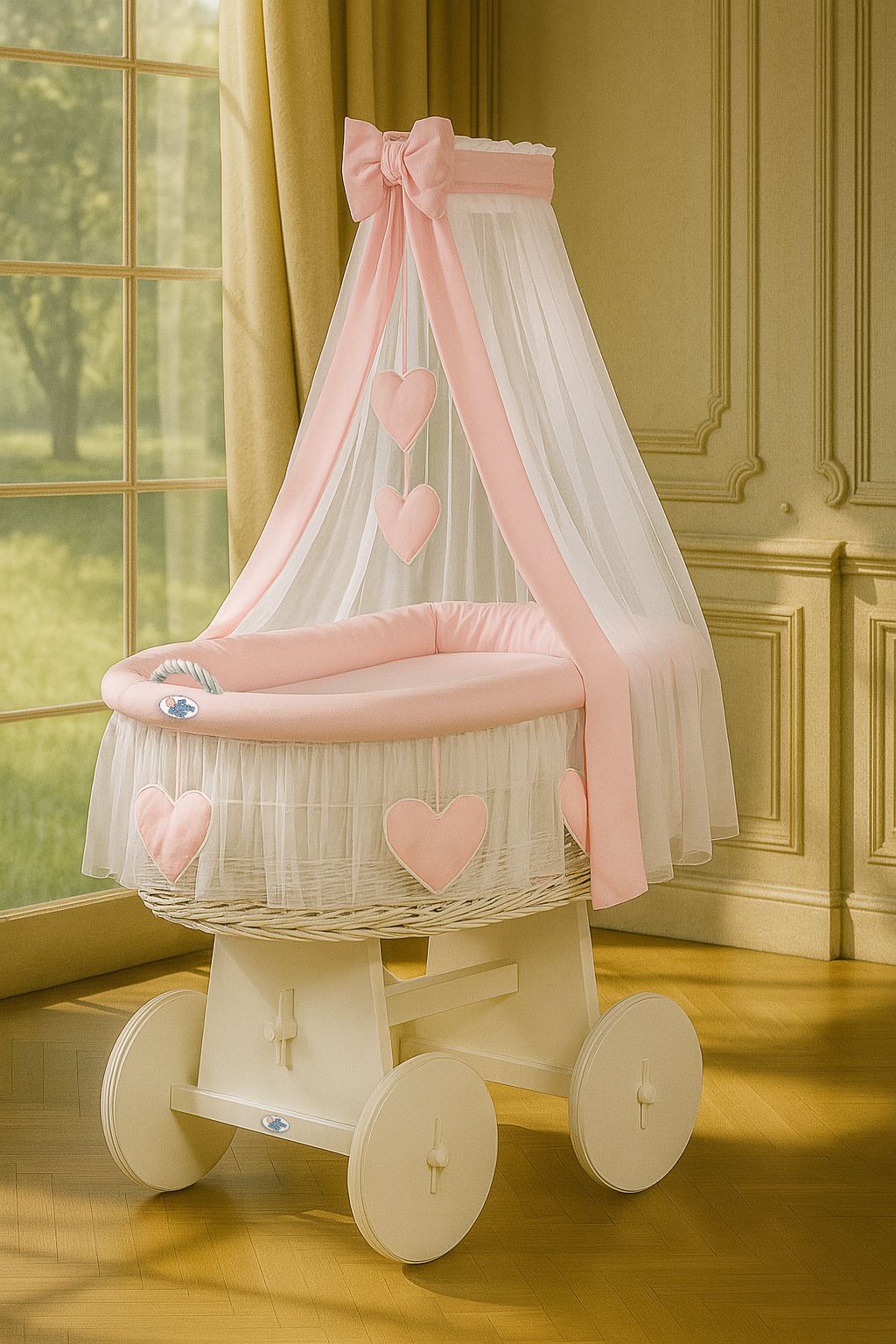 Moses Basket Wicker drape crib Amelie - white + pink bedding
