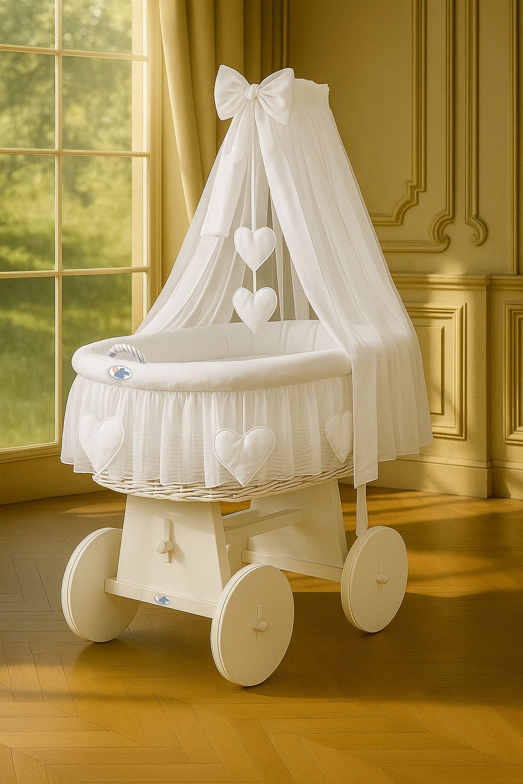 Moses Basket Wicker drape crib Amelie - white + white bedding