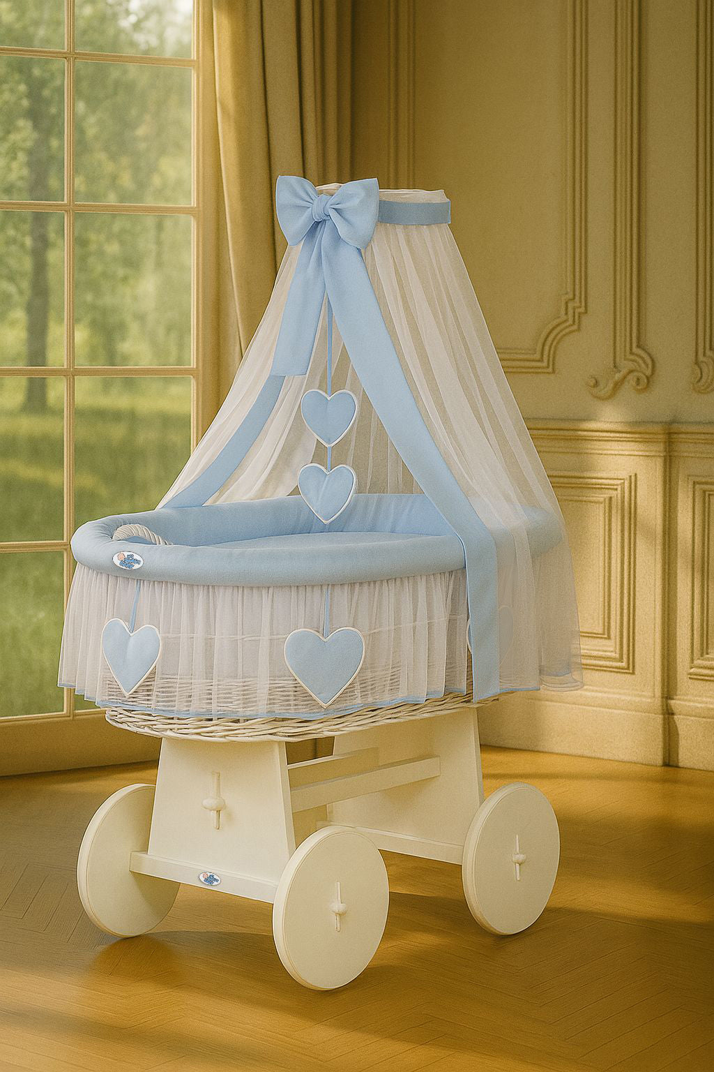 Moses Basket Wicker drape crib Amelie - white + blue bedding