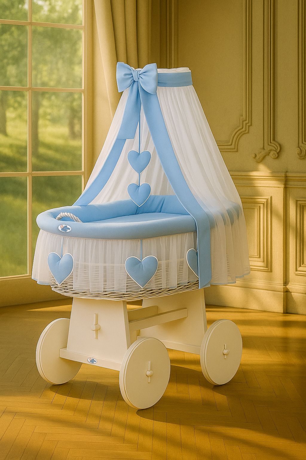 Moses Basket Wicker drape crib Amelie - white + blue bedding
