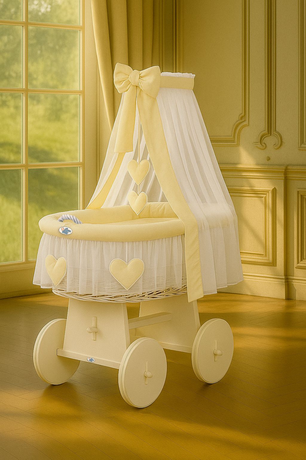 Moses Basket Wicker drape crib Amelie - white + cream bedding