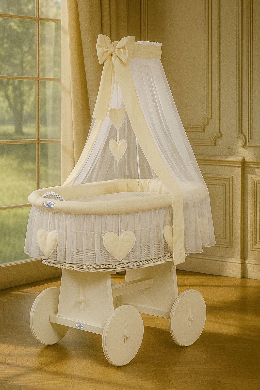 Moses Basket Wicker drape crib Amelie - white + cream bedding