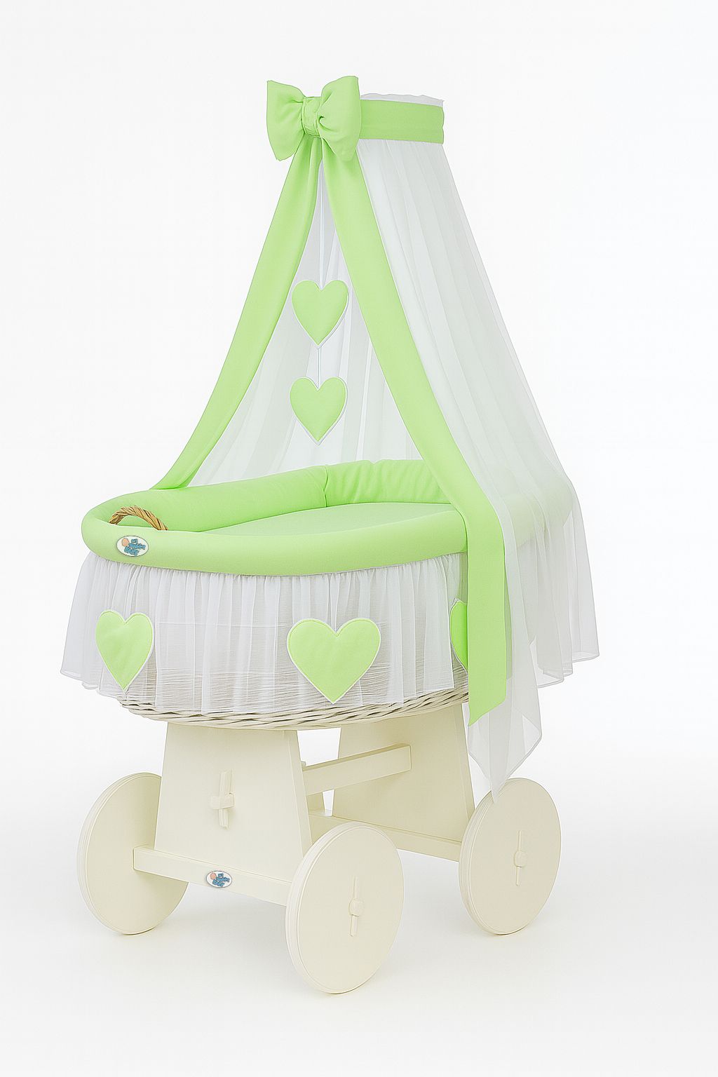 Moses Basket Wicker drape crib Amelie - white + green bedding