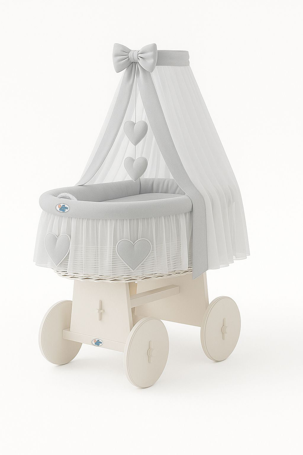 Moses Basket Wicker drape crib Amelie - white + gray bedding