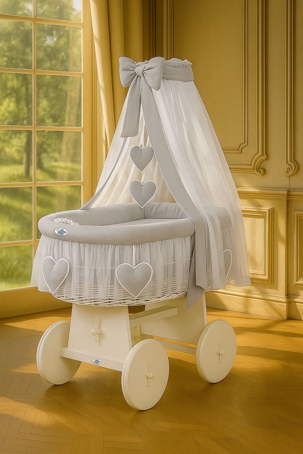 Moses Basket Wicker drape crib Amelie - white + gray bedding
