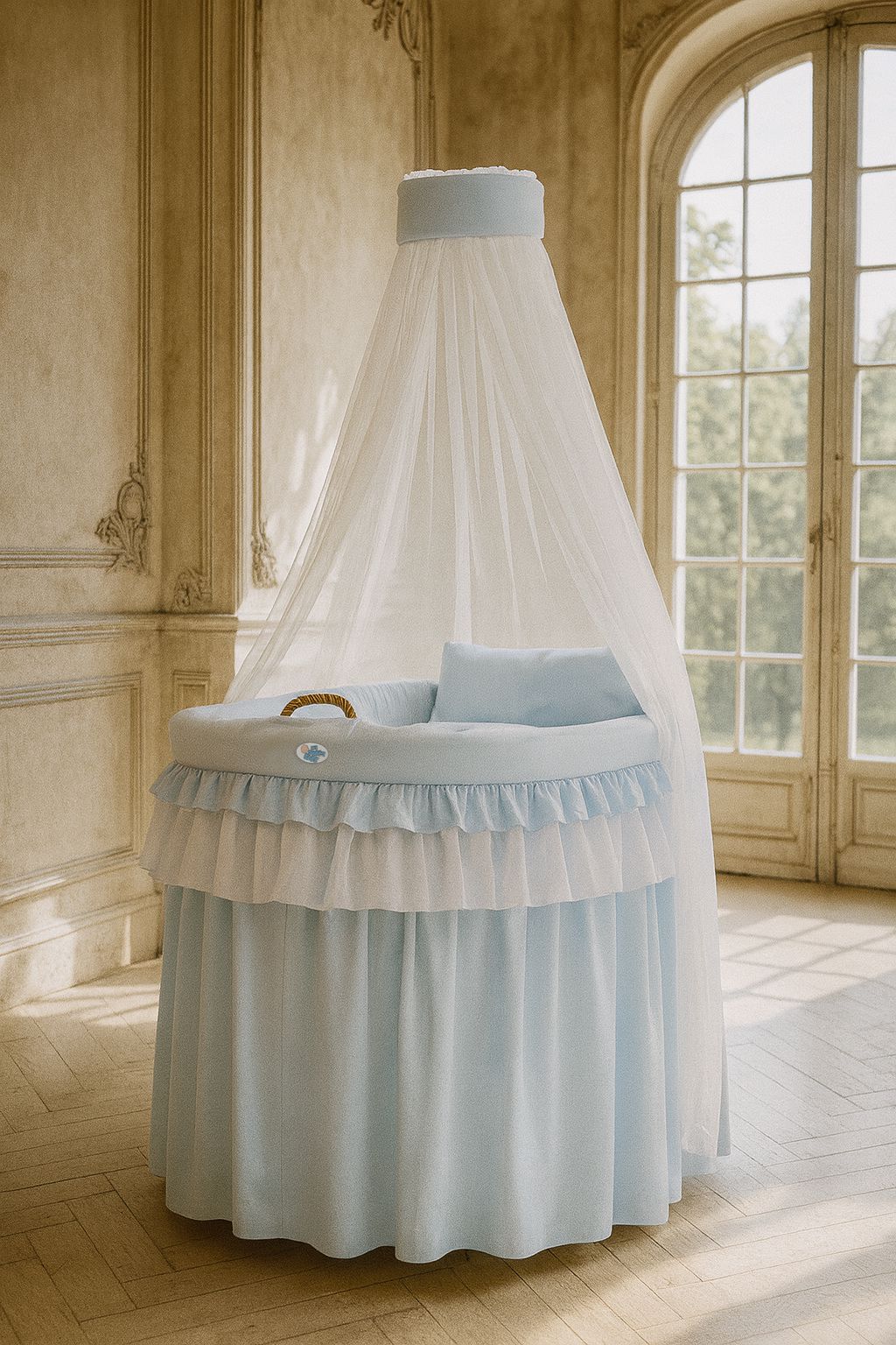 Moses Basket Wicker drape crib- Little Prince blue
