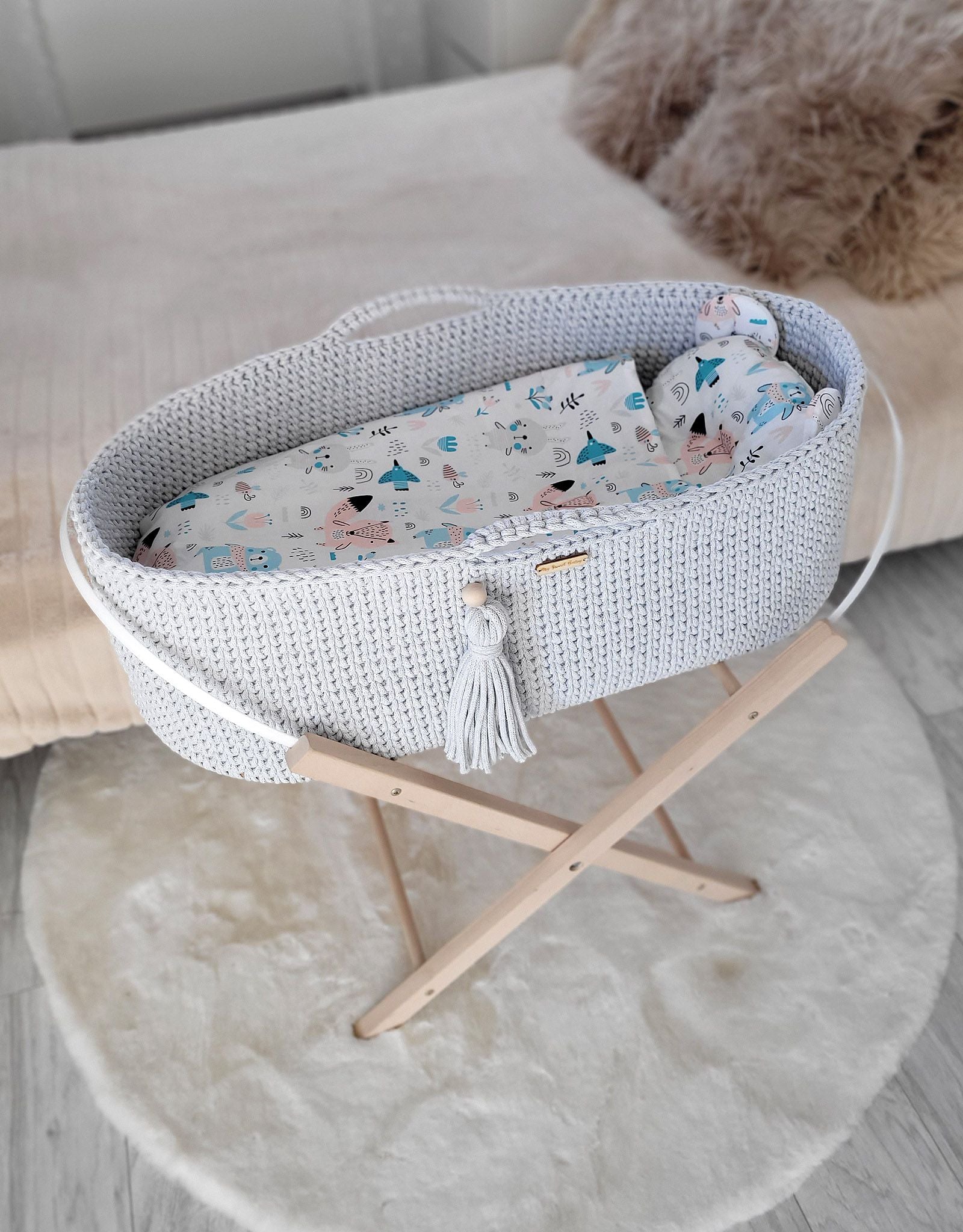 Moses basket BOHO Handmade cotton with mattress - light gray