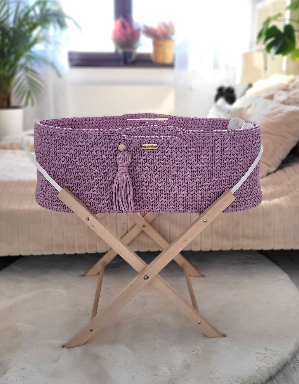 Moses basket BOHO Handmade cotton with mattress - lavender