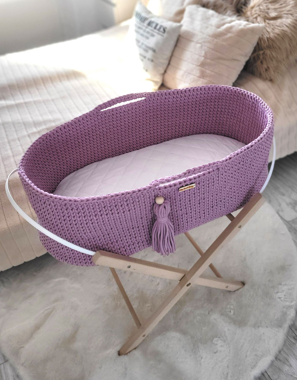 Moses basket BOHO Handmade cotton with mattress - lavender