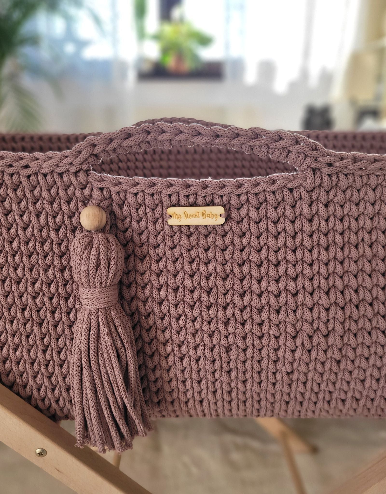 Moses basket BOHO Handmade cotton with mattress - mauve